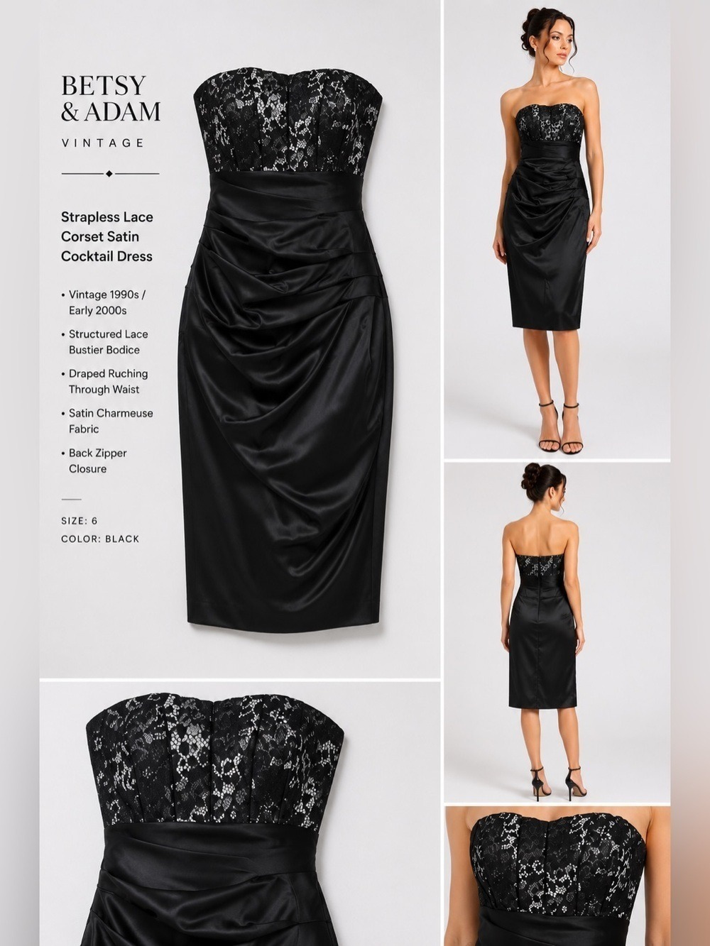 Vintage Betsy & Adam Black
Strapless Satin Lace Corset Gown
Y2K Dress Size 6